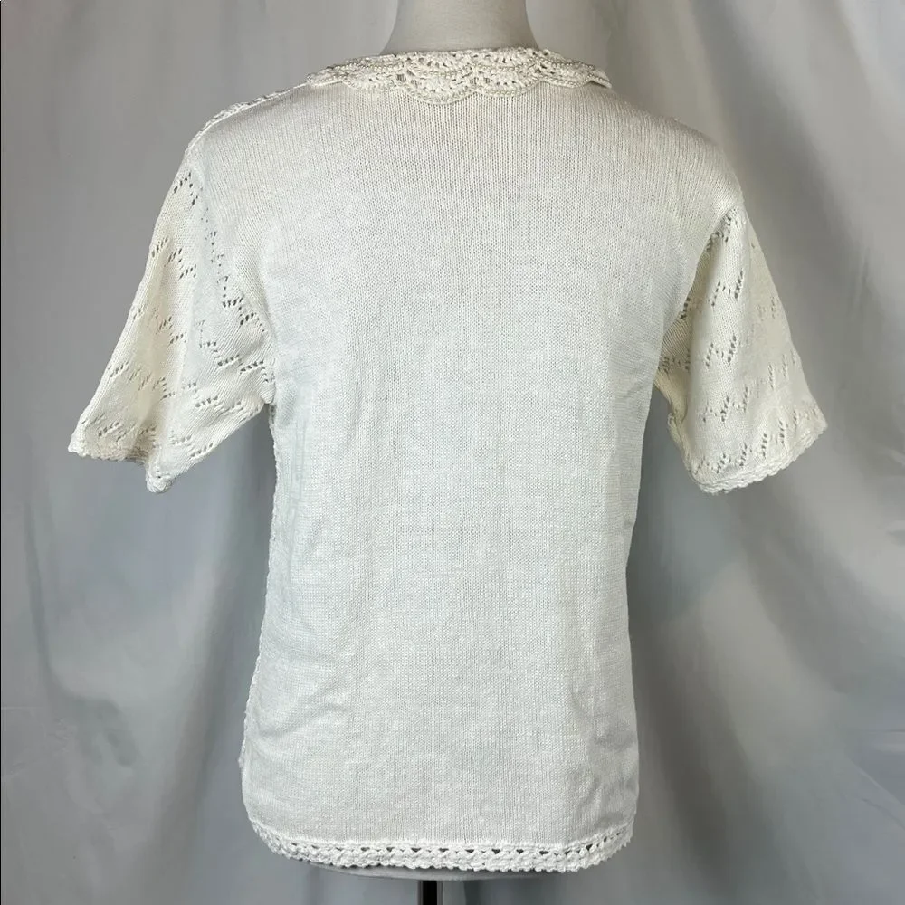 Vintage Crochet Granny Collared Short Sleeves Sweater Size M Pearls Cottage Twee